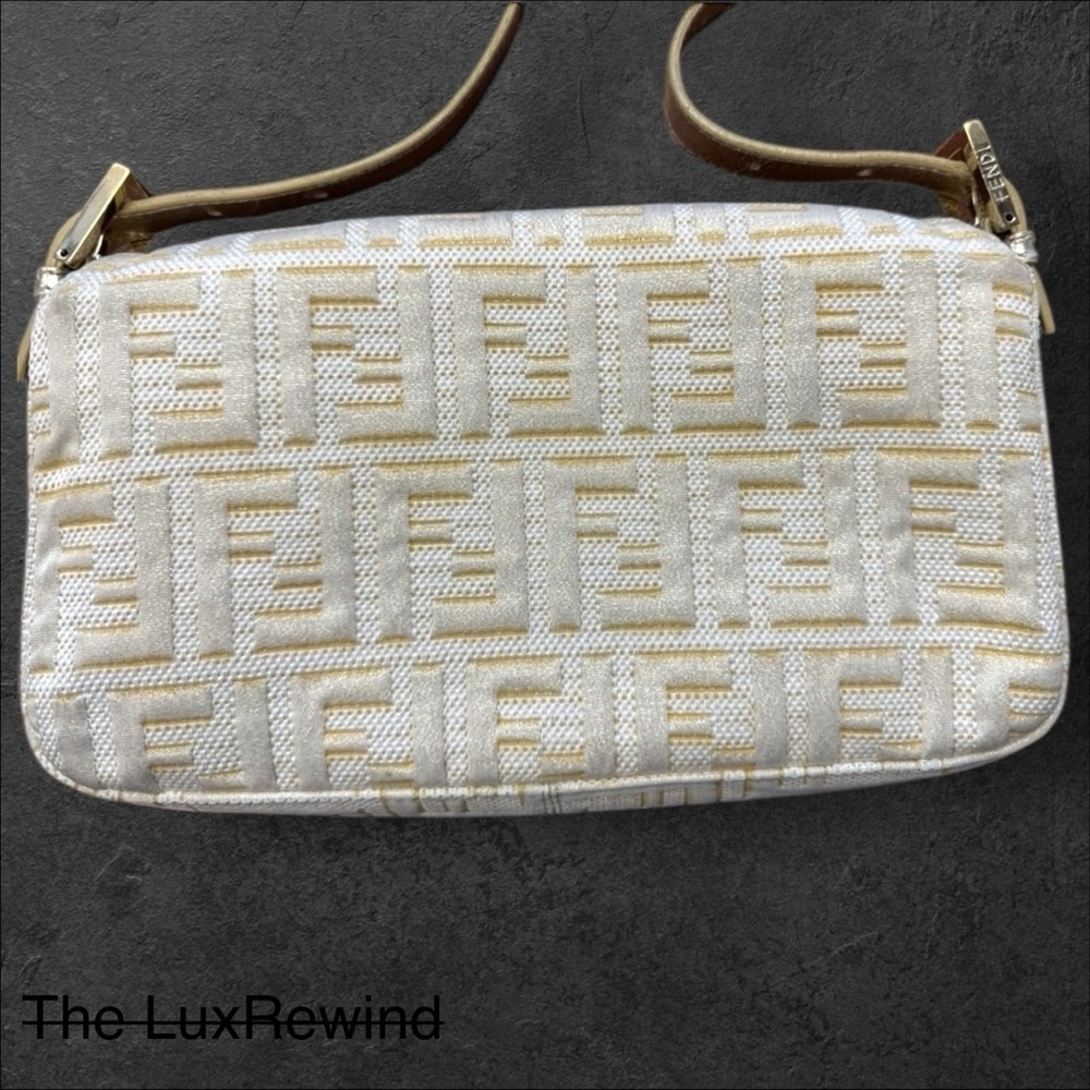 AUTH Rare FENDI ZUCCA BAGUETTE LIKE NEW! white gold Monogram Shoulder Bag COA ⭐️ - Picture 11 of 16